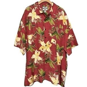 Three Palm Brand Men’s Size XXL Red Green Silk Floral Print Hawaiian Shirt